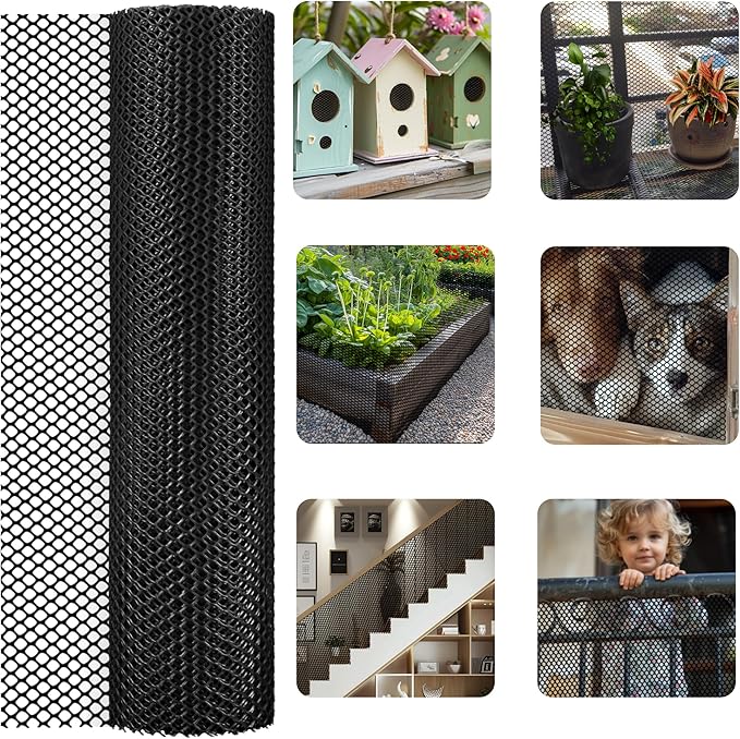 15.7IN x 11FT Black Chicken Wire mesh,Comes with 20 Twist Ties and Gloves,Plastic Chicken Wire Fencing,Poultry Netting,Poultry Fence,Chicken Wire for Crafts,Plastic Garden Fencing,Floral Chicken Wire