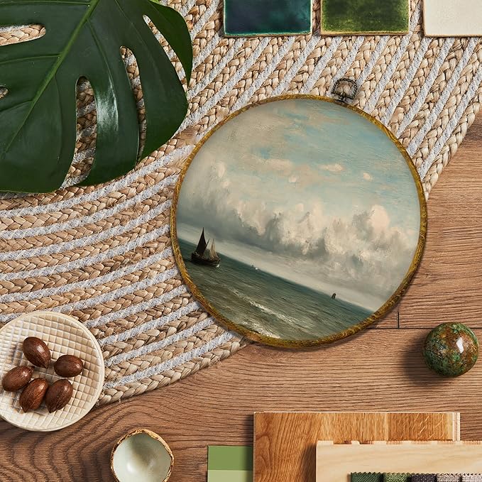 shiviody Vintage Coastal Sailboat Canvas Wall Art Decor, Moody Nautical Ocean Maritime Seascape Beach Round Hanging Frame Prints Decorations for Home Bedroom Living Room Beach House 10"x10"