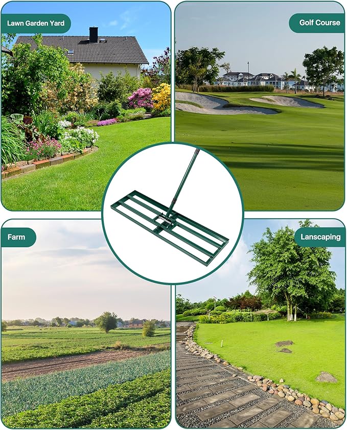 Lawn Leveling Rake 30x10'', Yard Leveling Rake for Soil with Adjustable Handle, Stainless Steel Lawn Leveler Tool for Garden, Backyard, Farm, Golf Course