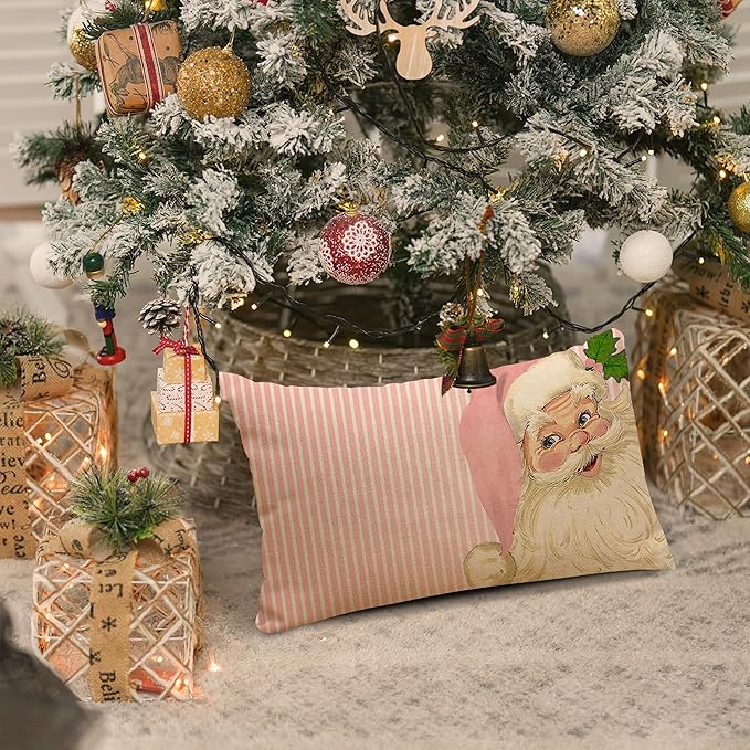 Pink Nostalgic Adorable Santa Pillow Covers Christmas Stripes Pink Throw Pillow Cover, 12 x 20 Inch Christmas Cushion Case Decoration for Sofa Couch