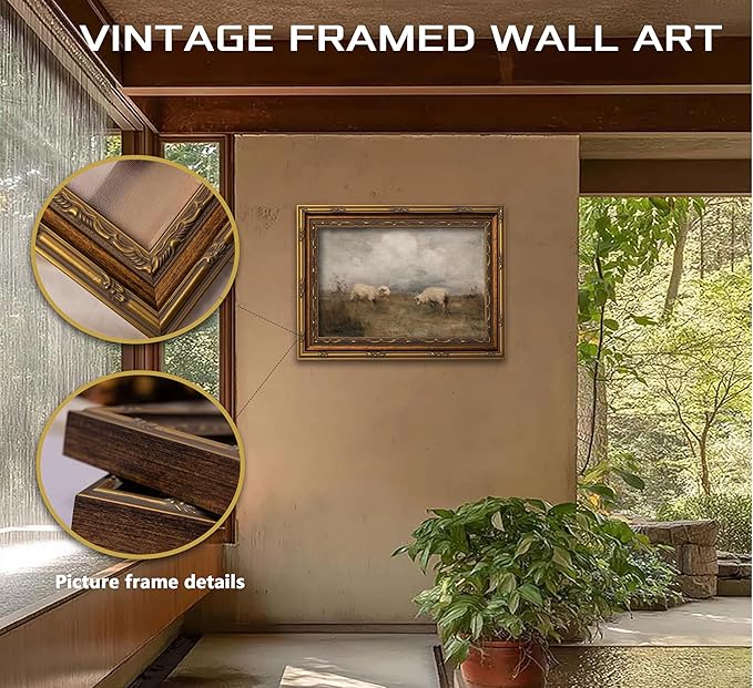 Vintage Gold Framed Farmhouse Animal Wall Art Retro Country Sheep Oil Painting Wall Decor Farm lamb Canvas Prints Retro Rustic Poster Artwork for home decor kitchen Living Bedroom 12x16in