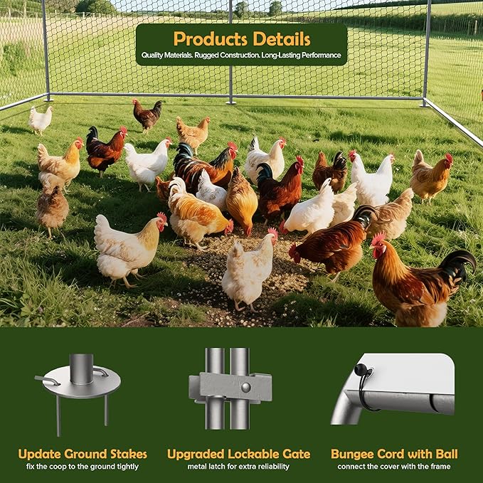 Metal Chicken Coop with Cover for Yard Large Walk-in Chicken Runs for 30 Chickens with Galvanized Steel Frame for Outdoor Heavy Duty Spire Roof Poultry Cage for Hen Duck Rabbits Goose Puppy