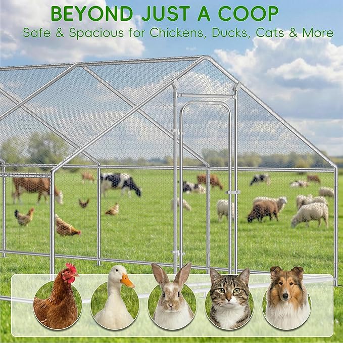 Large Metal Chicken Coop Run with Roosting Perch– Outdoor Waterproof & UV-Resistant Cover for Chickens, Ducks, Rabbits in Yard or Farm Use Spire Roof (13.1'Wx26.2'Lx 6.5'H)