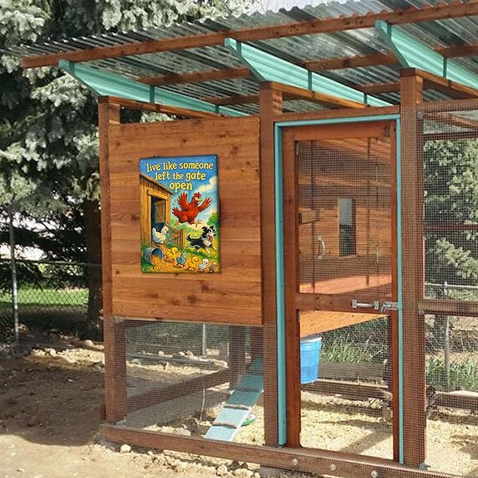 Chicken Coop Signs for Outside - "Live Like Someone Left the Gate Open" Sign Funny Chicken Decor for Home, Barn, Backyard, Modern Farmhouse Decor, Gifts for Chicken Lovers - 8x12 Inch