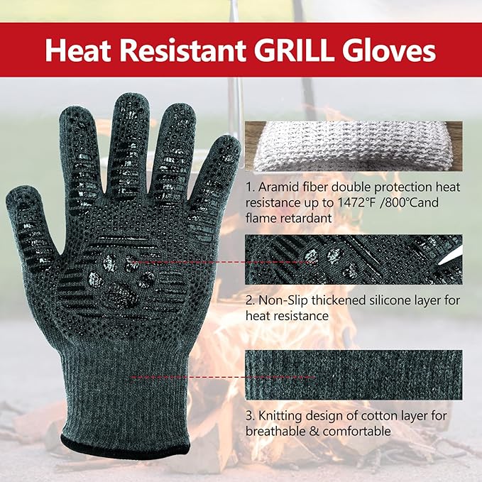 UBeesize BBQ Gloves (Bear Paw), 1472°F Heat Resistant Grill Glove, Fireproof Oven Gloves for Cooking, Non-Slip Fire Glove for Grilling, Barbecue, Smoker, Baking, Frying