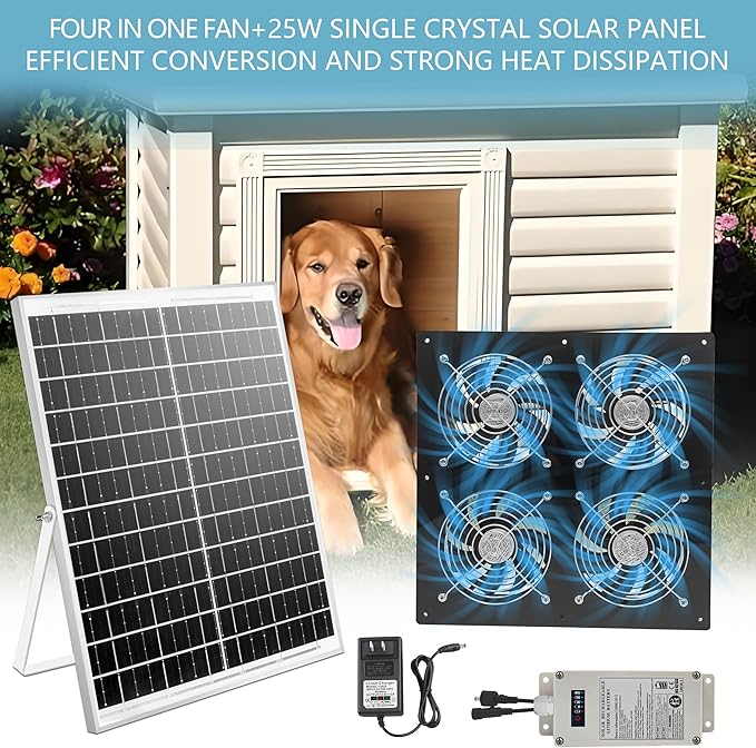 Solar Exhaust Fan for Greenhouse, Solar Chicken Coop Fan with 25W Solar Panel & 4 Pcs High-Speed Brushless DC Ventilation Fans for Shed,Attics,Barns,Dog Houses with 6000mAh Battery