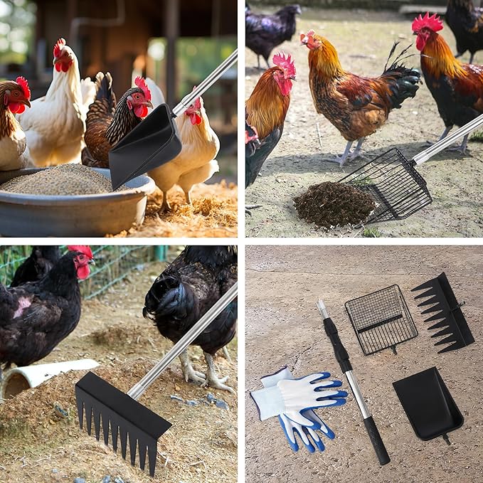 Garvee 3 in 1 Chicken Poop Scooper for Sand, Chicken Coop Scoop Cleaning Tool with Rake & Shovel, Adjustable Stainless Steel Handle, Easy Clean Poultry Litter Cleaning Tool