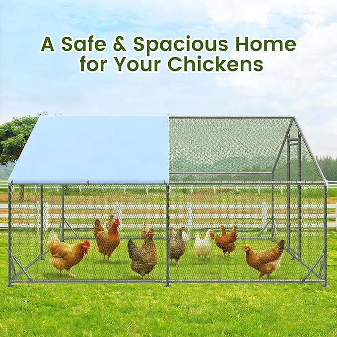 Outdoor Metal Chicken Coop Large Walk-in Poultry Cage Spire-Shaped Chicken Run with Waterproof and Anti-Ultraviolet Cover for Outside,Backyard and Farm,6.5' L x 9.8' W x 6.4' H
