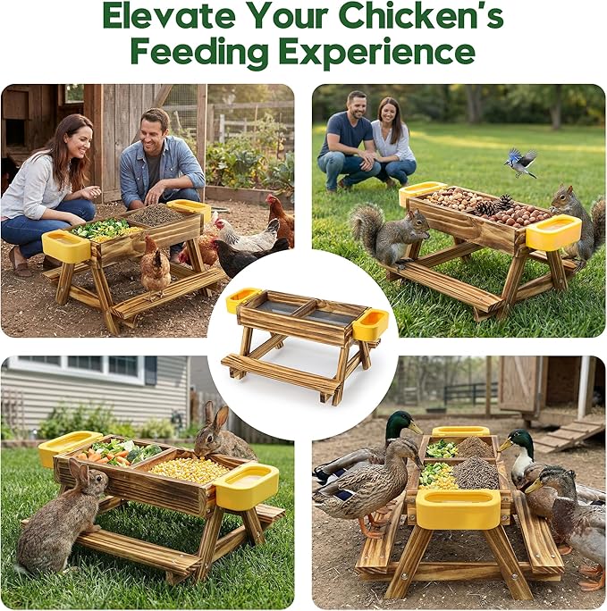 UUMENHA Carbonized Wooden Chicken Picnic Table Feeder with 2 Water Dispensers - No Waste Poultry Feeder, Easy to Clean & Fill, Suitable for Backyard Poultry/Squirrels, chicken Coop Accessories & Decor