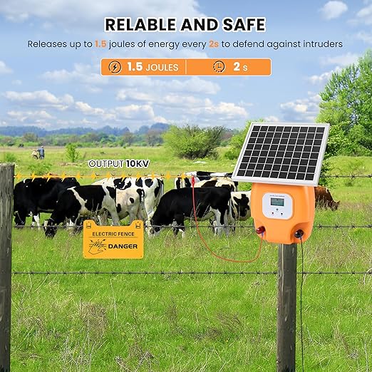CURECURE Solar Electric Fence Charger with 8100mAh Lithium Battery, 10W Solar Panel, Easy Installation, 6 Miles Range, 1.5 Joules, LED Display, Use for Livestock, Pet, Farm, Garden