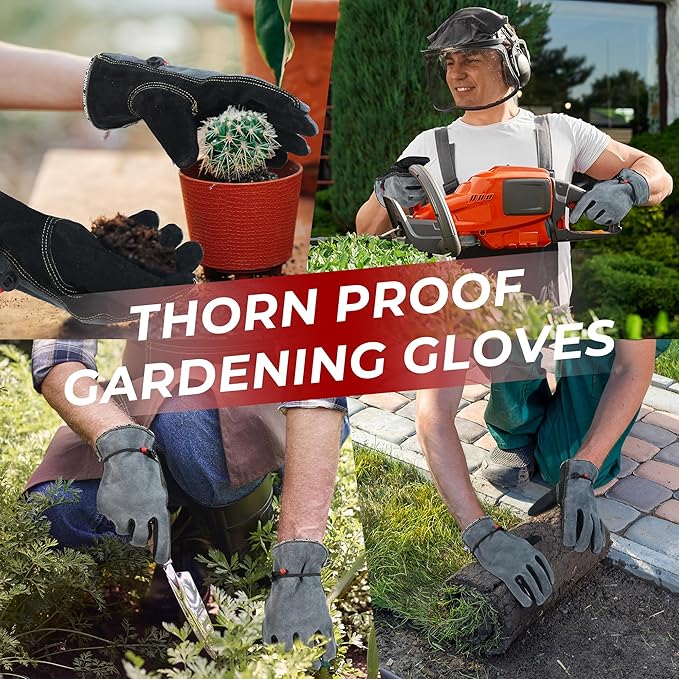 HANDLANDY Leather Work Gloves for Men and Women, Utility Tough Cowhide Glove
