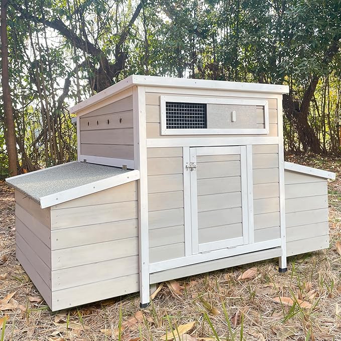 Chicken Coop, 58" Wooden Chicken Coop with 2 Sides Large Nesting Boxes for 4-6 Chickens, Poultry Hutch Rabbit Cage with No-Slip Ramp & Pull-Out Tray for Outdoor Farm Yard (White Grey)