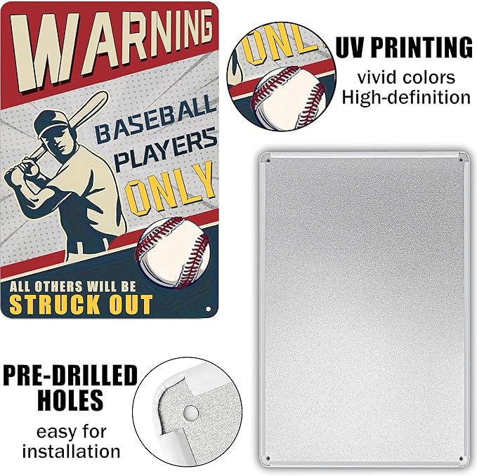 Warning Baseball Players Only Tin Sign-Funny Signs Baseball Poster Warning,Sports Bedroom Decor and Baseball Gifts for Boys 8x12Inch