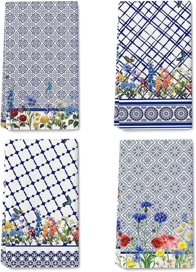 Blue and White Kitchen Towels Set of 4, Blue Wildflower Decorative Tea & Hand Towels, Chinoiserie Dish Towel Dishclothes for Drying Cleaning, Spring Summer Kitchen Decor & Gifts for Cooking Lover