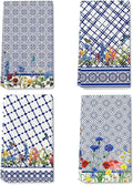 Blue and White Kitchen Towels Set of 4, Blue Wildflower Decorative Tea & Hand Towels, Chinoiserie Dish Towel Dishclothes for Drying Cleaning, Spring Summer Kitchen Decor & Gifts for Cooking Lover