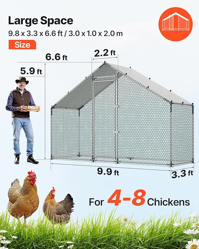 VEVOR Large Metal Chicken Coop,9.8 x 3.3 x 6.6 ft, Walk-in Chicken Run House with Waterproof Cover & Sturdy Frame, Spire Roof Poultry Cage Duck Pen for Rabbit Hen Goose Outdoor Backyard Farm Use