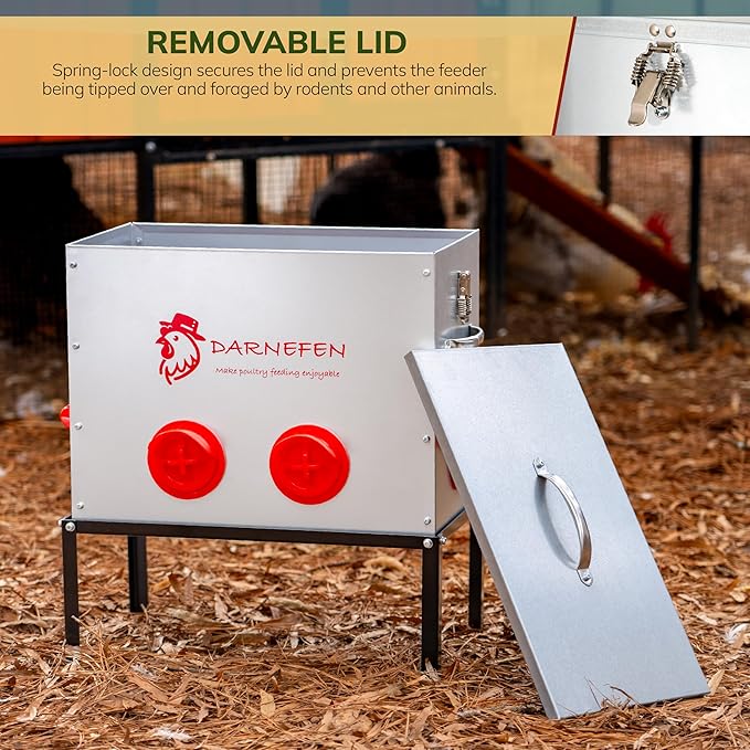 Automatic Chicken Feeder Rat Proof - 40lb 6 Ports Large Capacity Metal Poultry Feeder with Legs and Lids - Galvanized Chicken Feeder for Hen Coop