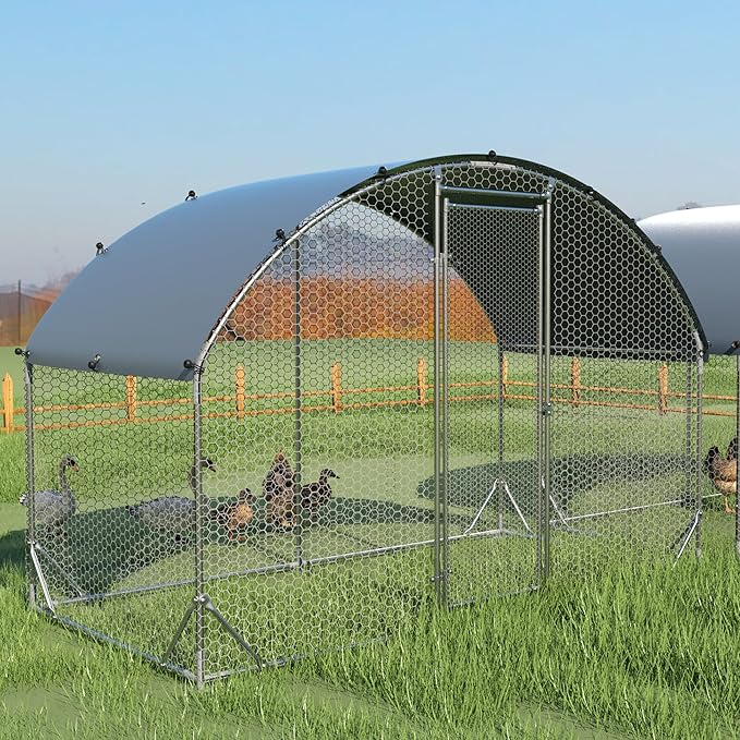 Chicken Coop Metal Large Chicken Coop with Run for Yard Heavy Duty Poultry Cage with Waterproof Anti-UV Cover for Outdoor Farm Use Dome Roof Hen House Pen Duck Rabbit Cage with Security Lock