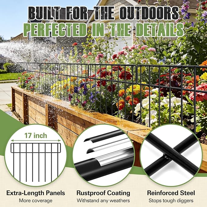 14 Pack 20Ft(L) X 13Inch(H) Animal Barrier Fence - Garden Fence Animal Barrier Garden Border Rustproof Metal No Dig Fence Panels for Dog Rabbit Defense Bottom Blocker for Outdoor Yard Patio