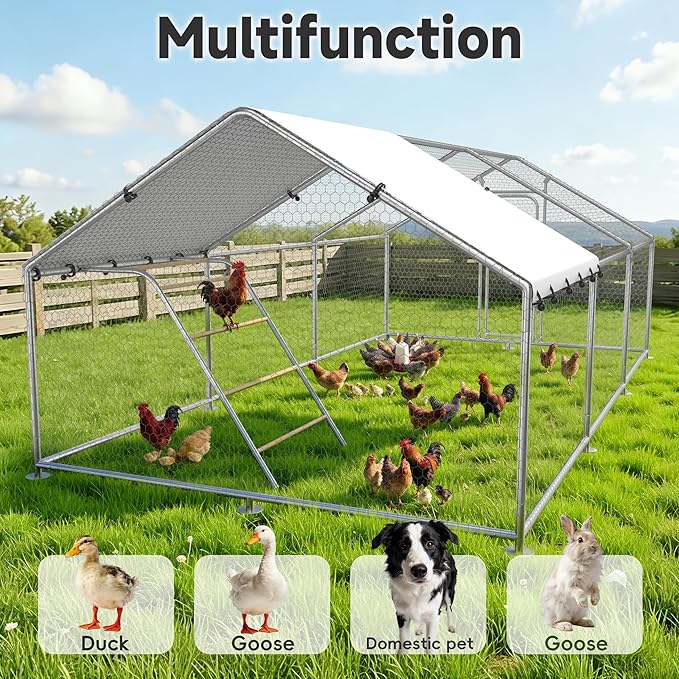 Large Metal Chicken Coop with Waterproof and UV-Resistant Cover,Chicken Run Outdoor Walk-in Cage Rabbit Duck Hen House for Yard Farm Use Spire Roof(10' L x 14.8' W x 6.4' H)