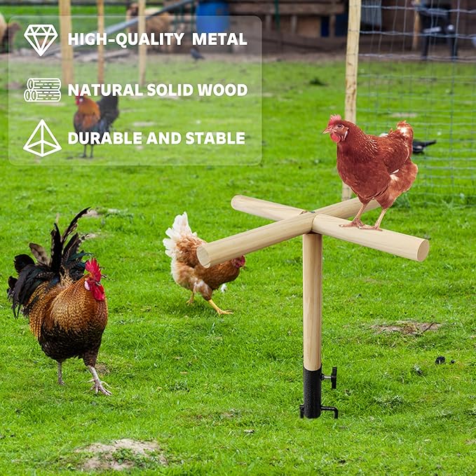 Chicken Perch Toy for Coop, Roosting Bars for Chickens in Coop, Wooden Chick Perch Stand with Metal Ground Plug, Chicken Run Toys, Chicken Coop Accessories