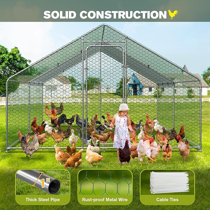 Large Metal Chicken Coop Walk-in Chicken Run with Waterproof Cover Outdoor Backyard Farm Anti-UV Spire Shaped Cage for Poultry, Ducks, and Rabbits(9.8' L x 9.8' W x 6.5' H)