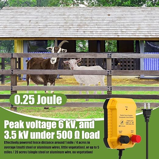 Electric Fence for Preventing Animals Intruding 2 Mile 110VAC 0.25 Joule Electric Plug in Fence, 50 Black Insulator and 1 Socket Tool 250ft Aluminum Wire for Animals and Keep Out Predators