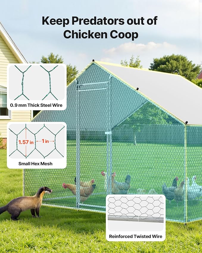 VEVOR Large Metal Chicken Coop with Run, Walkin Chicken Coop for Yard with Waterproof Cover, 6.5 x 9.8 x 6.5 ft, Spire Roof Large Poultry Cage for Hen House, Duck Coop and Rabbit Run