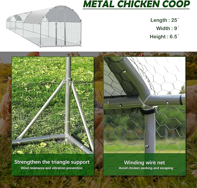 Large Metal Chicken Coop Upgrade Tri-Supporting Wire Mesh Chicken Run,Chicken Pen with Water-Resident and Anti-UV Cover,Duck Rabbit House Outdoor(9'W x 25'L x 6.5'H)