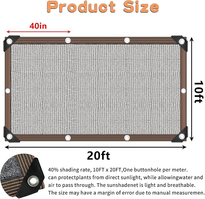 40% Black Shade Cloth, 10 x 20 FT Durable Mesh Tarp with Grommets, Resistant Garden Sun Shade Netting, Shading Antifreezing for Pergola, Greenhouse, Plants Growing, Chicken Coop