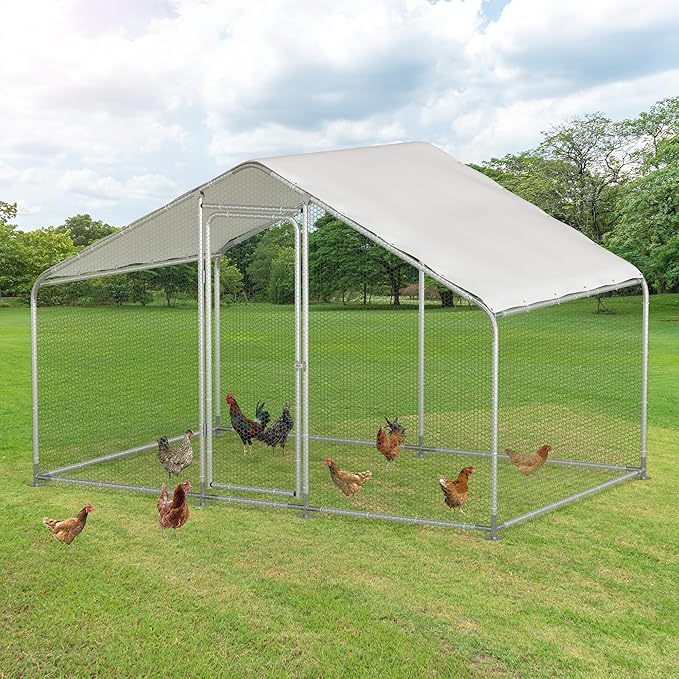Large Metal Chicken Run, Chicken Coop with Lockable Door Spire Shape Walk-in Chicken Hen House with Waterproof & Anti-UV Cover for Duck Rabbit Habitat Cage Outdoor Poultry Cage for Yard Farm