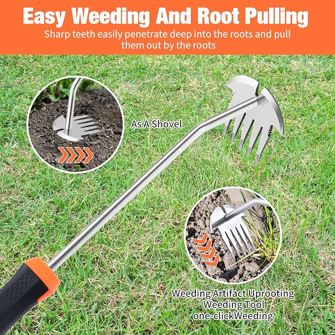 Weed Puller Tool, Portable Garden Weeder Tool, 2026 New Model Rubber Non-Slip Handle Stainless Steel 5-Teeth Weeding Tool, Garden Tools for Vegetable Gardening Backyard Farm Planting & Weeding Tool