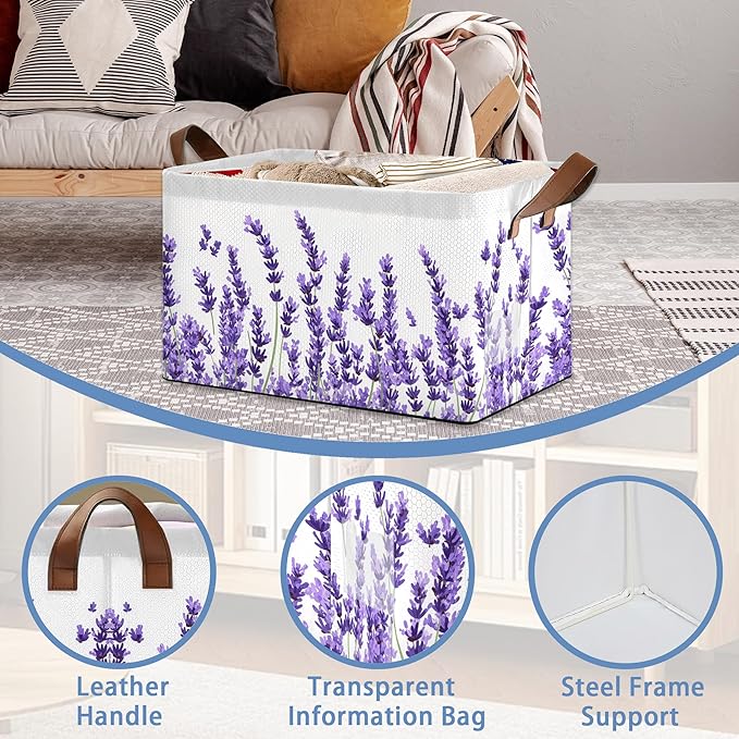 Lavender Storage Baskets,Foldable Organizer Bin with Handles for Home Living Room Bedroom Closet Box 17x11.5x10Inch
