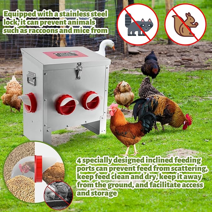 25LB Large Automatic Chicken Feeder Galvanized Metal Chicken Feeders with 4 Feeding Ports No Waste Outdoor Poultry Feeder with Handle and Locking Lid for Chickens and Ducks