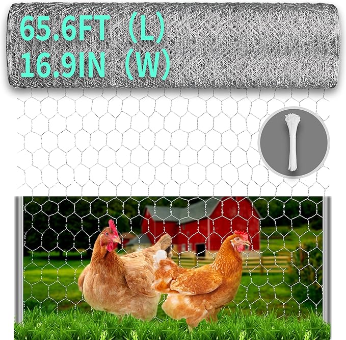 Chicken Wire, 16.9in x 65.6ft Poultry Netting for Garden, 0.6 Inch Hexagonal Galvanized Hardware Garden Fence for Craft Projects, Pet Dog, Rabbit Chicken Fence