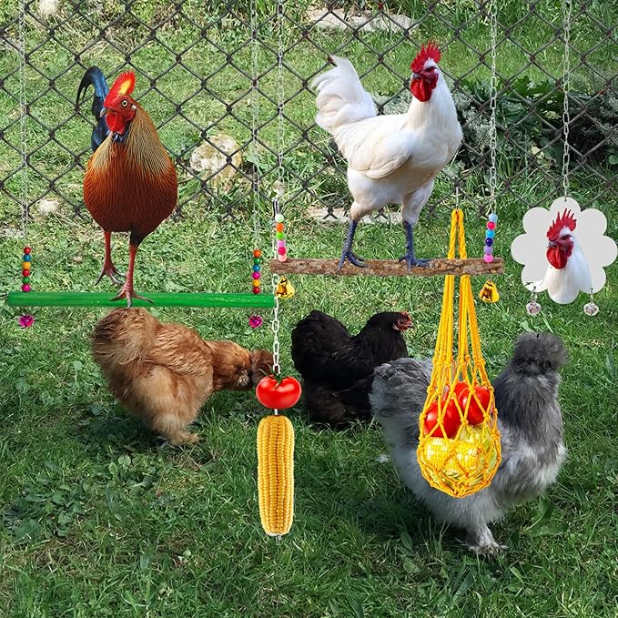13 Pack Chicken Toys for Coop Accessories - Chicken Xylophone Toy, Chicken Mirror, Chicken Ladder Bridge, Coop Swing, Vegetable Hanging Chicken Feeder, Chewing Foraging Toys, Gifts for Hens