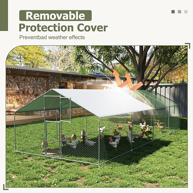 Large Metal Chicken Coop,19.7x9.8x6.4 FT Chicken Run for Yard with Waterproof & Anti-UV Cover,Walk in Chicken Pen with Feeding Door (26.2 * 9.8 * 6.4 ft)