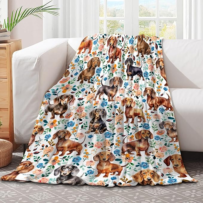 Dachshund Blanket for Women - Floral Wiener Dog Pattern Gift for Animal Lovers, Decor for Couch, Bed, Living Room - 60"x80" Adults/Twin Size