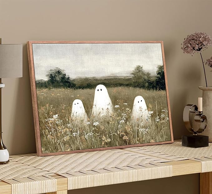 Framed Halloween Canvas Wall Art Wildflowers Meadow Ghost Poster Print Cute Ghost Picture Autumn Vintage Aesthetic Wall Decor for Bedroom Living Room 8x10in