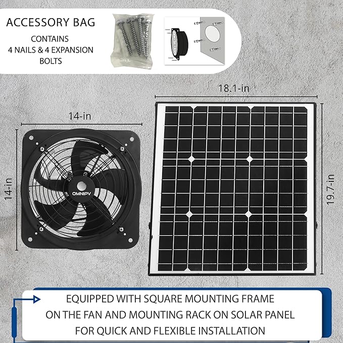 Solar Powered Wall Mount Exhaust Fan, 35 Watt (for Home, Garage, Workshop, Greenhouse, RV, Outdoor Garden, etc.)