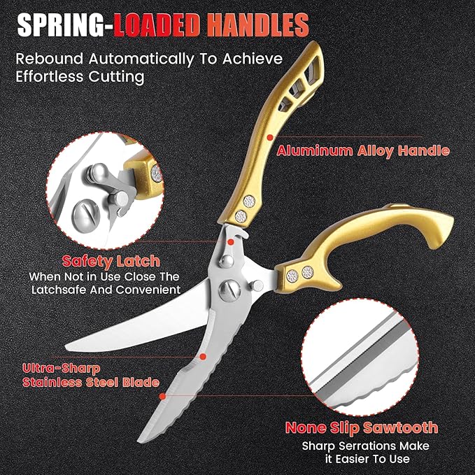 ANDONG Heavy Duty Kitchen Poultry Shears with Serrated Edge, Spring Loaded Kitchen Scissors, Professional Chicken Shears, Gold