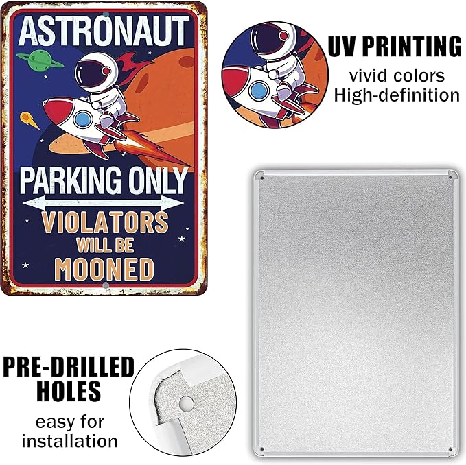 Astronaut Parking Only-Tin Signs Vintage Space Bedroom Decor for Boys,Funny Space Themed Decor Sign Space Themed Gifts for Boys,Space Them Bedroom Decor 8x12 Inches