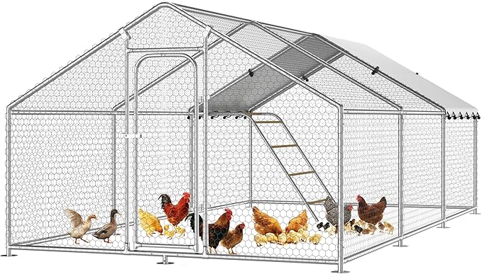 Large Metal Chicken Coop with Roosting Perch, Waterproof and UV-Resistant Cover, Outdoor Walk-in Cage Hen House for Yard Farm Rabbit Duck Chicken Run with Spire Roof (10'W x 19.7'L x 6.4'H)