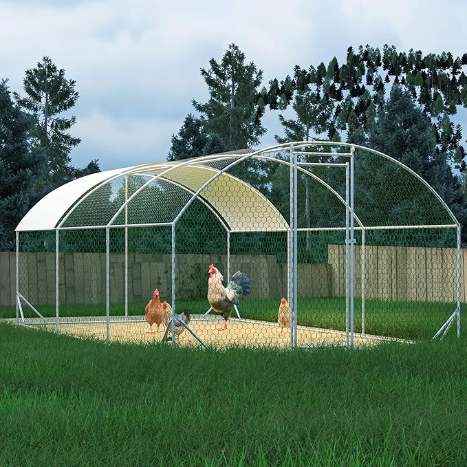 KEIKI Large Metal Chicken Coop, Chicken Run with Waterproof Cover, Farm Poultry Run Hutch Hen House, Heavy Duty Outdoor Walk-in Chicken Pen for Poultry Duck Rabbit, 19.68ft x 9.84ft x 6.56ft