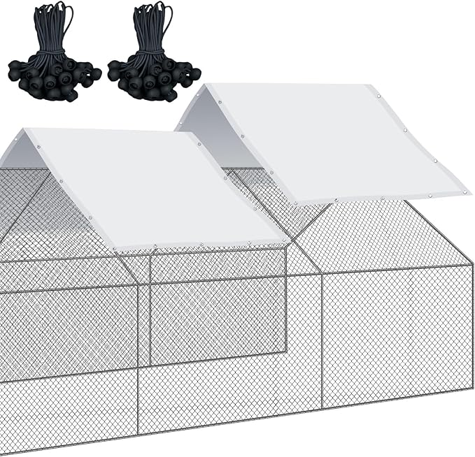 VitalCozy 2 Pcs Chicken Coop Cover Waterproof 14.5 x 6.6 ft Chicken Run Cover Coop Tarp Accessories for Winter with 50 Pcs Ball Bungees Cords for Outdoor (White)