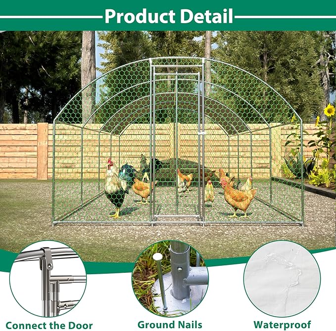 OUYESSIR Outdoor Metal Chicken Coop, Large Walk-in Chicken Run Pen with Waterproof Cover, Rabbit Habitat Dome Roof Poultry Cage for Backyard Farm Use (10'W x 26'L x 6.56'H)