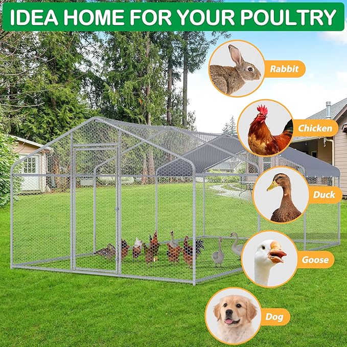 Large Metal Chicken Coop, Walk-in Chicken Run Pen with Waterproof Cover, Spire Roof Hen House Poultry Cage for Outdoor, Backyard, Farm(8.9x18.9 FT)