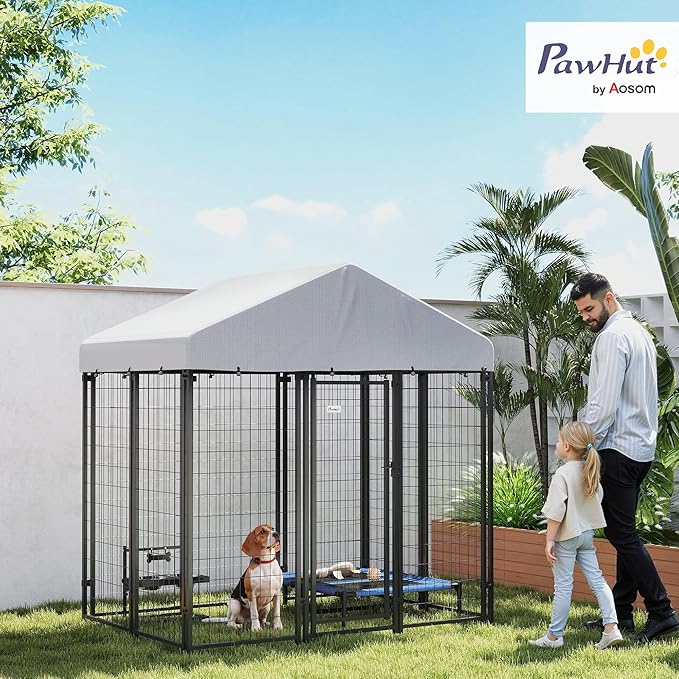 PawHut Outdoor Dog Kennel with Roof, 6' x 4' x 6' Heavy Duty Welded Wire Dog Playpen Enclosure with Escape-Proof Lock, UV-Resistant & Waterproof Cover, for Medium Dogs, Chickens, Ducks, Silver