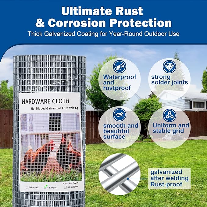 Galvanizing Hardware Cloth, Chicken Wire Mesh 1/2 inch 48in x 50ft, Chicken Wire Fence Rolls for Garden Plants, for Chicken Coops and Pet Fences Heavy Duty Cutting Pliers and Gloves