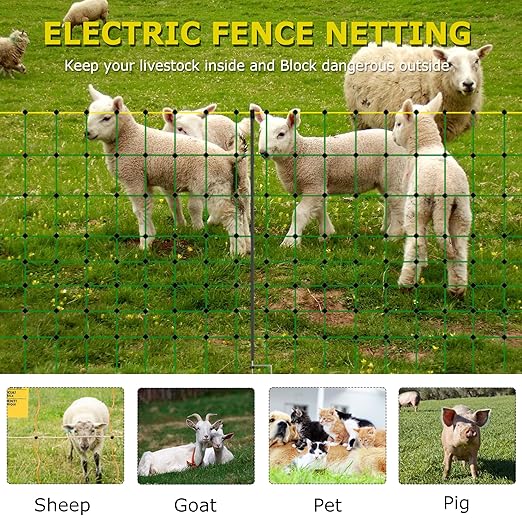 Electric Fencing Net, 35.4" H x 164' L, Portable Double Spikes Sheep Netting Fence for Dogs, Hog, Deer, Used in Backyards, Farms and Ranches